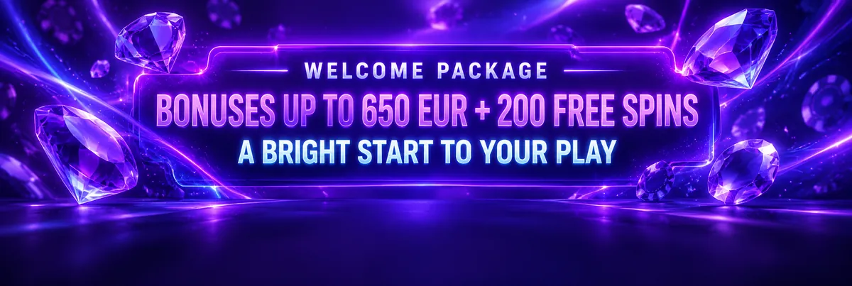 Welcome package banner with a luminous interface panel framed by floating purple faceted gems.